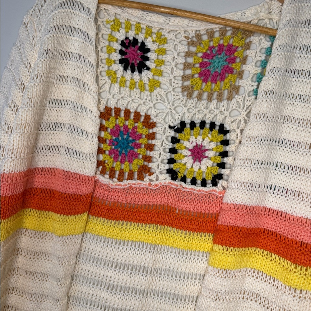 Boho Crochet Cardigan Granny Square Open Front Cream Rainbow Festival Sweater - Picture 2 of 4